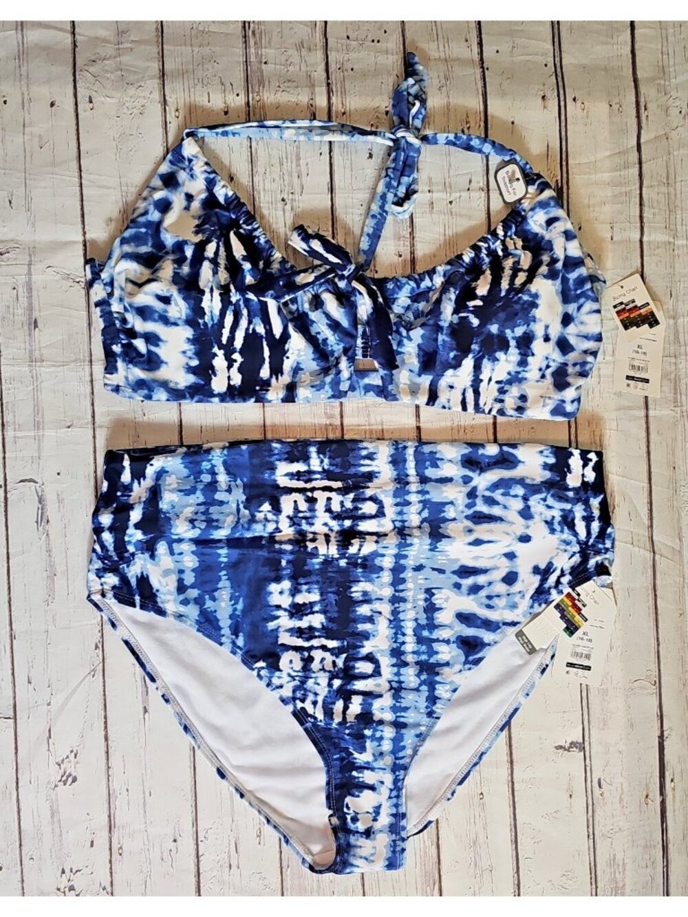 Time and True 2 Piece Bikini Swimsuit Blue Tie Dye Halter XL High Waist L New